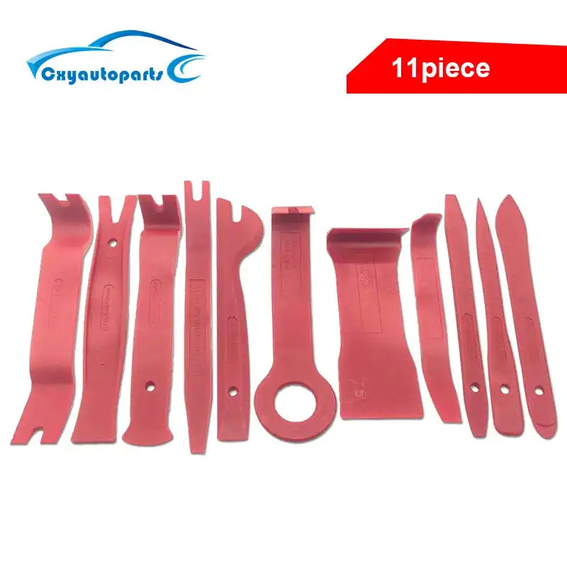 11-piece red panel trim removal tools set for car interior disassembly, includes various pry tools for dashboard and audio removal.
