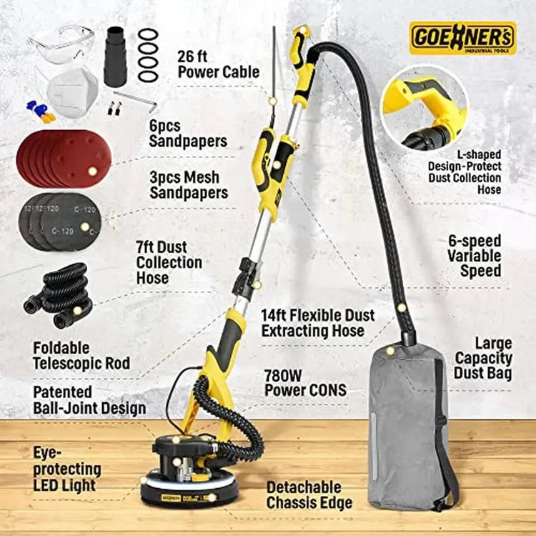 Electric Drywall Sander with Vacuum Dust Removal System full kit includes 780W motor, telescopic rod, dust collection hose, and sanding accessories.