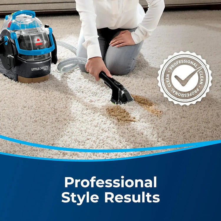 Green Pro Carpet Cleaner lifting pet stains from a beige rug in a family home