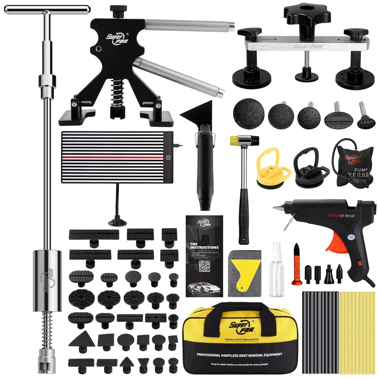 Full set of Car Dent Repair Kit - DIY Dent Removal | Easy Fix Tool including slide hammer, glue gun, tabs, and LED board for dent detection.