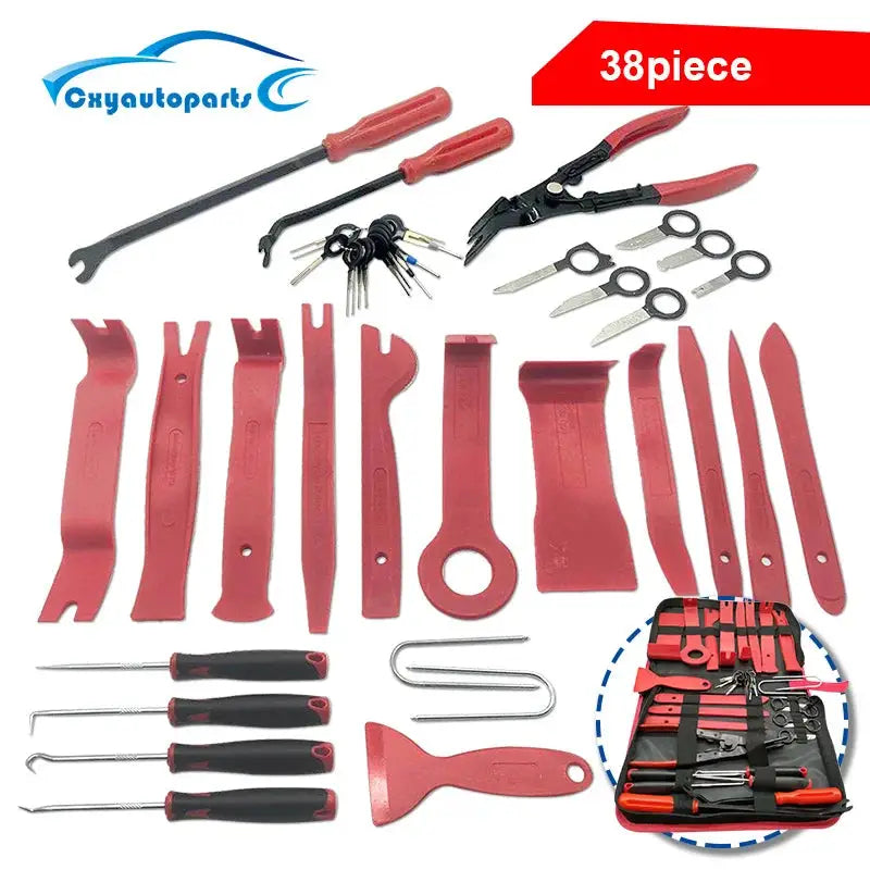 Complete 38-piece car panel trim removal tool kit with red plastic pry tools, metal extractors, and screwdrivers for audio and interior work.