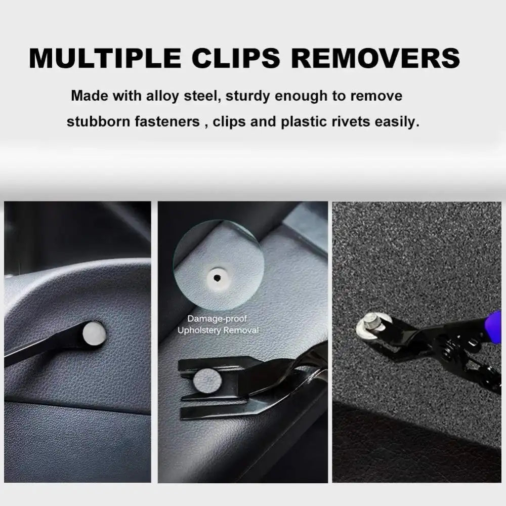 Multiple clip removers made of alloy steel for removing fasteners and plastic rivets, designed for durable car panel disassembly.
