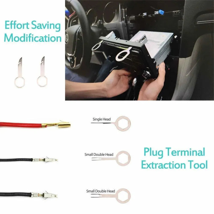 Plug terminal extraction tools shown in use for car stereo removal, ideal for precise and effortless car audio disassembly tasks.