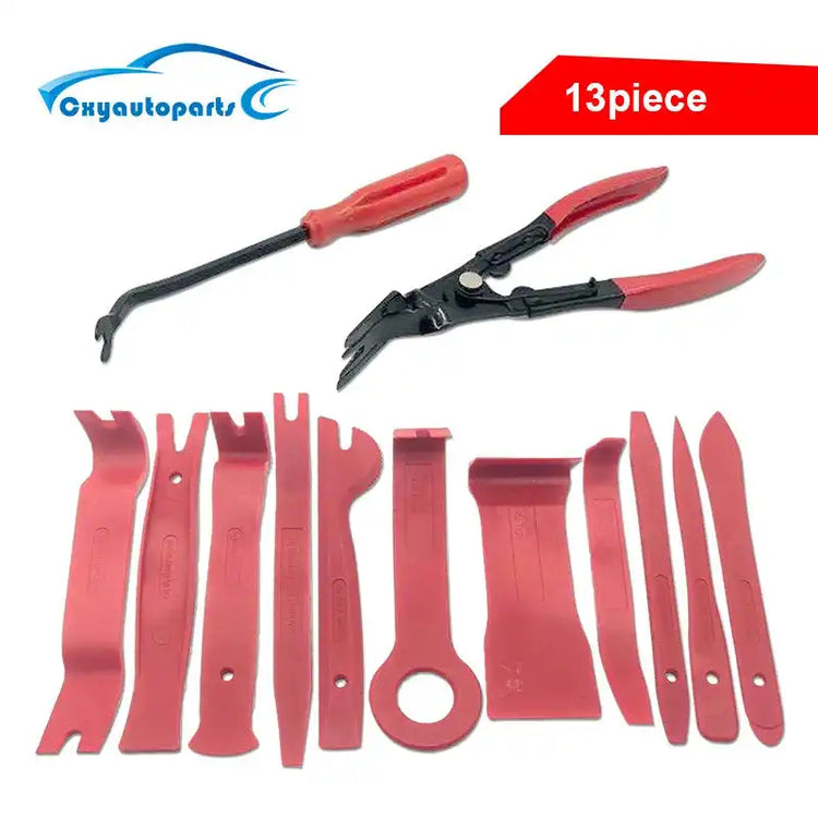 13-piece red car interior trim removal tool set with pry bars and clip removers, ideal for dashboard and panel disassembly.