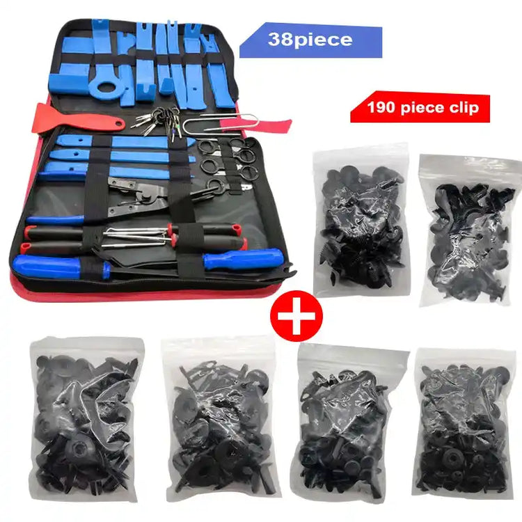 38-piece car trim removal tool kit with 190-piece fastener clips, perfect for comprehensive car interior and panel disassembly tasks.