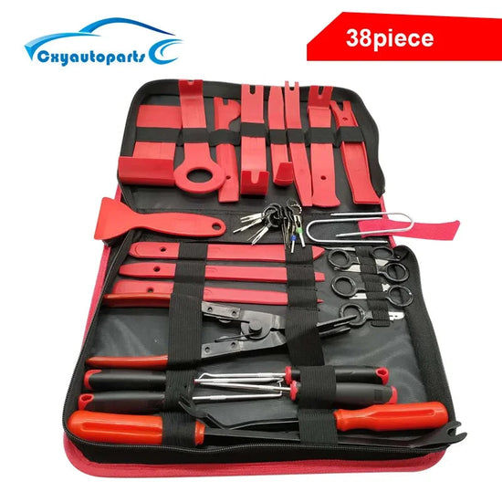 38-piece panel trim tools set for car interior disassembly, includes pry bars, clip removers, and audio removal tools in a zippered case.