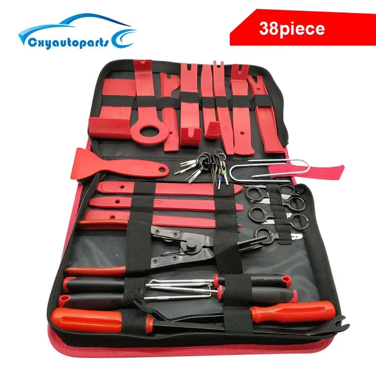 38-piece panel trim tools set for car interior disassembly, includes pry bars, clip removers, and audio removal tools in a zippered case.