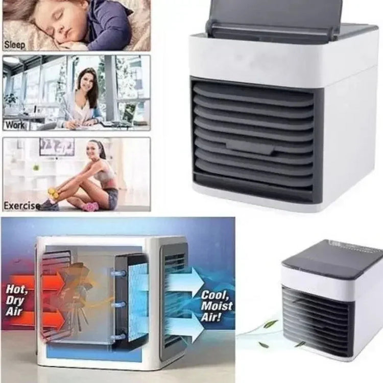 User enjoying cool breeze from portable mini air conditioner in bedroom