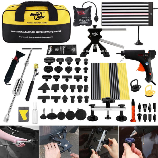 Car Dent Repair Kit - DIY Dent Removal | Easy Fix Tool with glue gun, pullers, tabs, and carrying bag for professional car body repair.