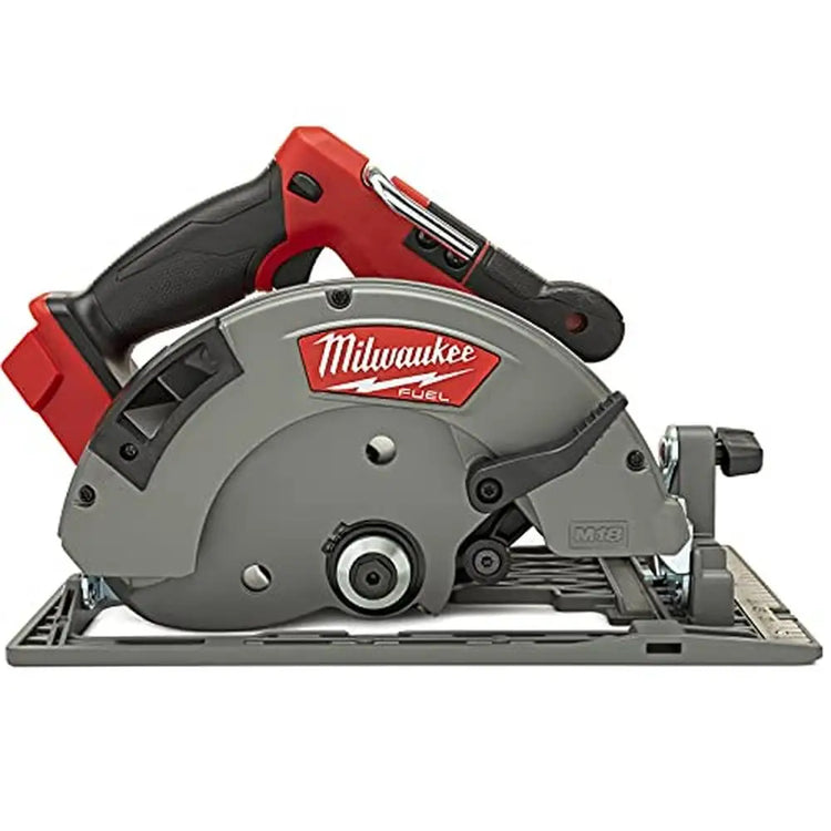 Side profile of lightweight circular saw with rafter hook folded in