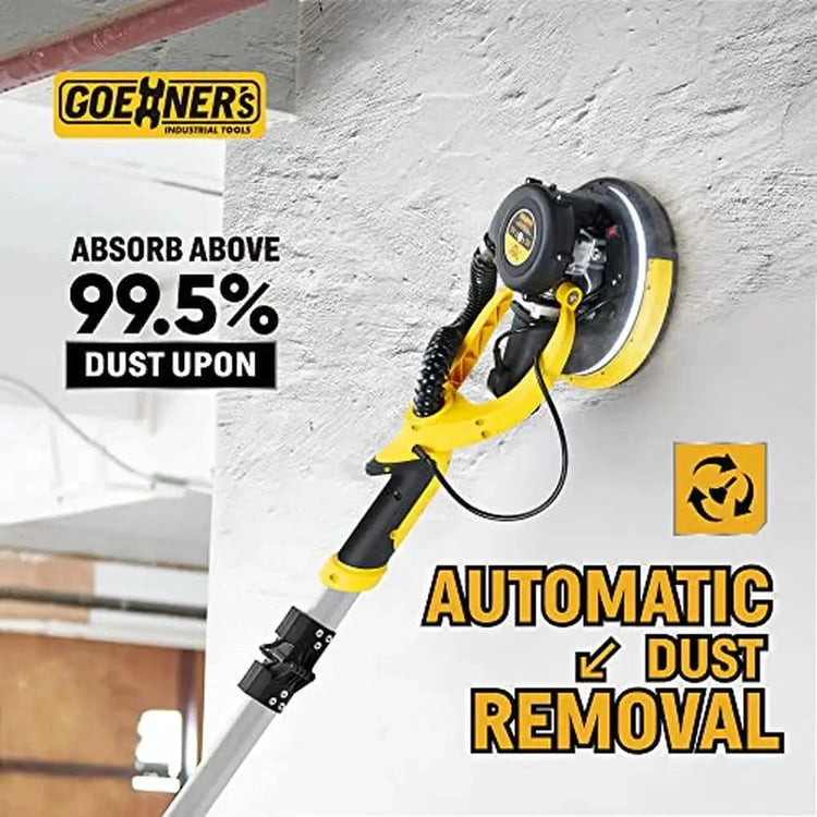 Electric Drywall Sander with Vacuum Dust Removal System automatically removes over 99.5% of dust during sanding for cleaner workspaces.