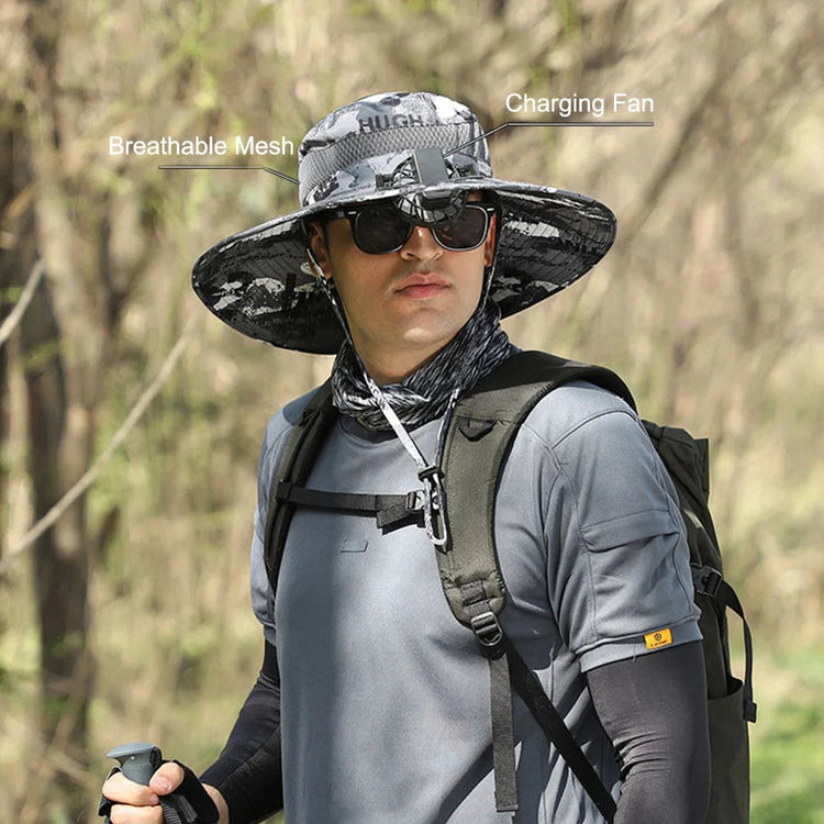 Close-up of black fishing hat showing dual front-mounted cooling fans