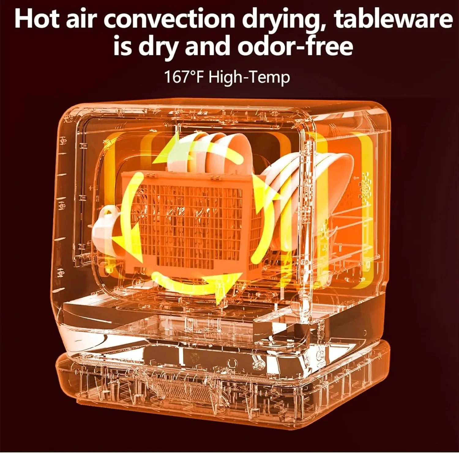 Front-facing image of the dishwasher showing minimal design and tank lid