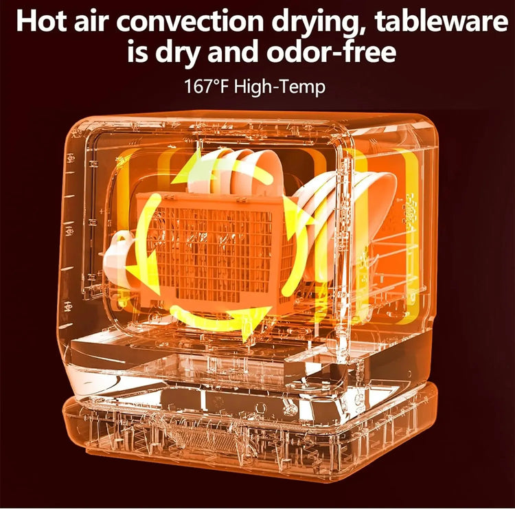 Front-facing image of the dishwasher showing minimal design and tank lid