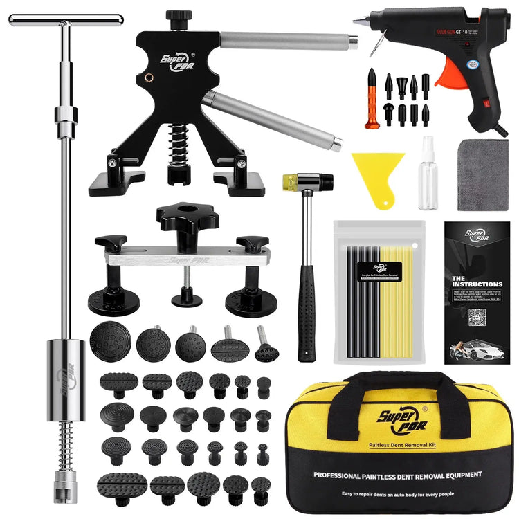 Complete Car Dent Repair Kit - DIY Dent Removal | Easy Fix Tool with pullers, glue gun, tabs, and tools for home auto body repair.