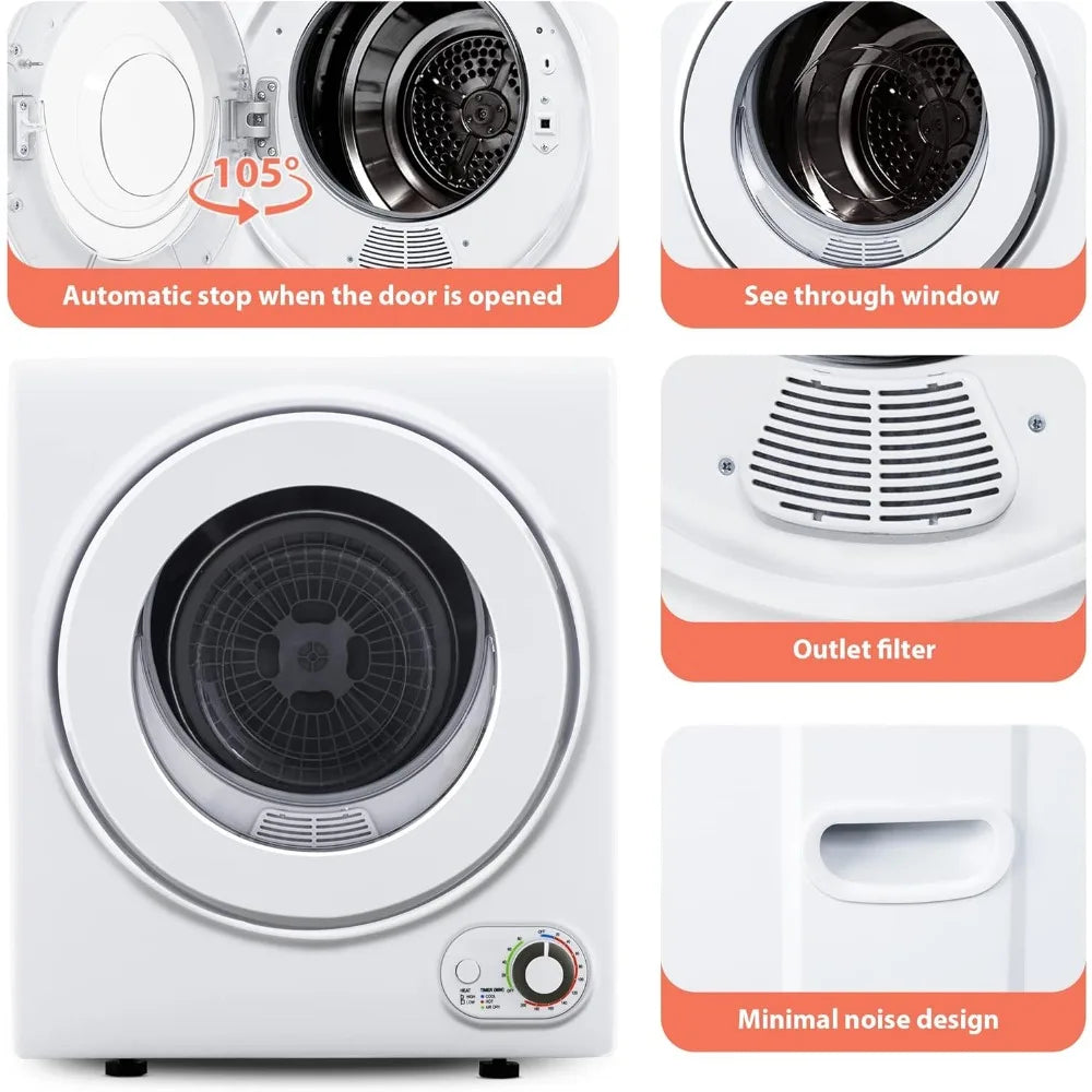 Front load electric dryer shown with door slightly ajar for product display"