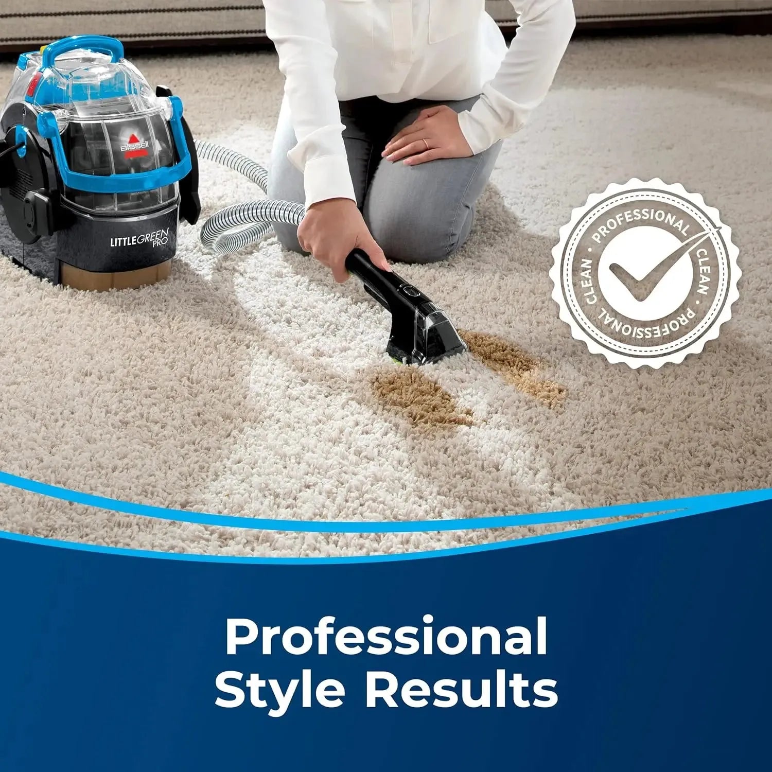 Green Pro Carpet Cleaner lifting pet stains from a beige rug in a family home