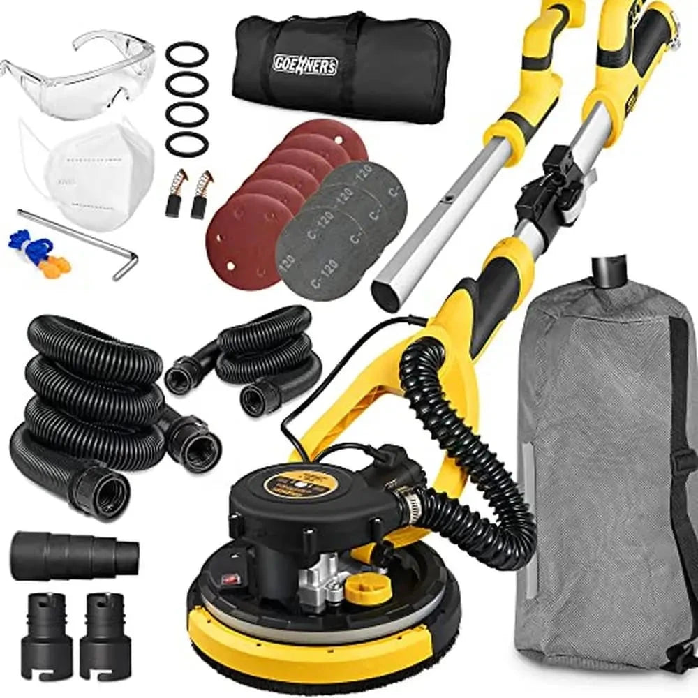 Electric Drywall Sander with Vacuum Dust Removal System includes sanding discs, hoses, dust bag, and accessories for efficient wall sanding.