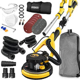 Electric Drywall Sander with Vacuum Dust Removal System includes sanding discs, hoses, dust bag, and accessories for efficient wall sanding.