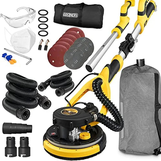 Electric Drywall Sander with Vacuum Dust Removal System includes sanding discs, hoses, dust bag, and accessories for efficient wall sanding.
