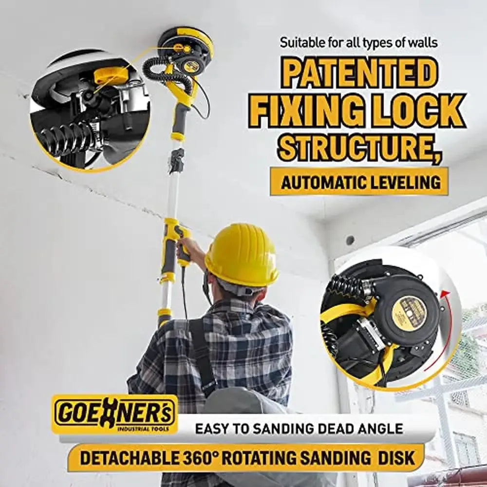 Electric Drywall Sander with Vacuum Dust Removal System used on ceiling with patented fixing lock and 360° rotating sanding disk for hard-to-reach areas.