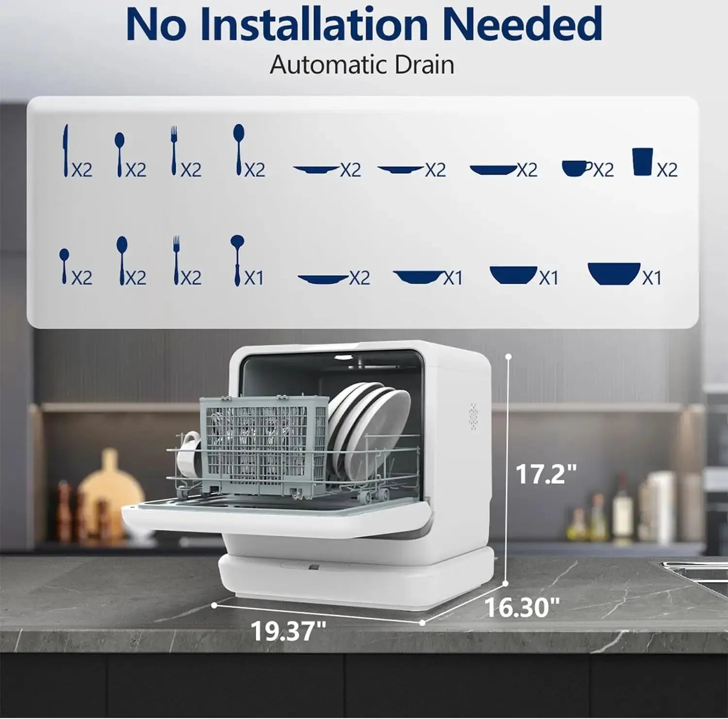 Side view of compact dishwasher showing built-in tank and transparent window