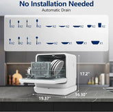 Side view of compact dishwasher showing built-in tank and transparent window