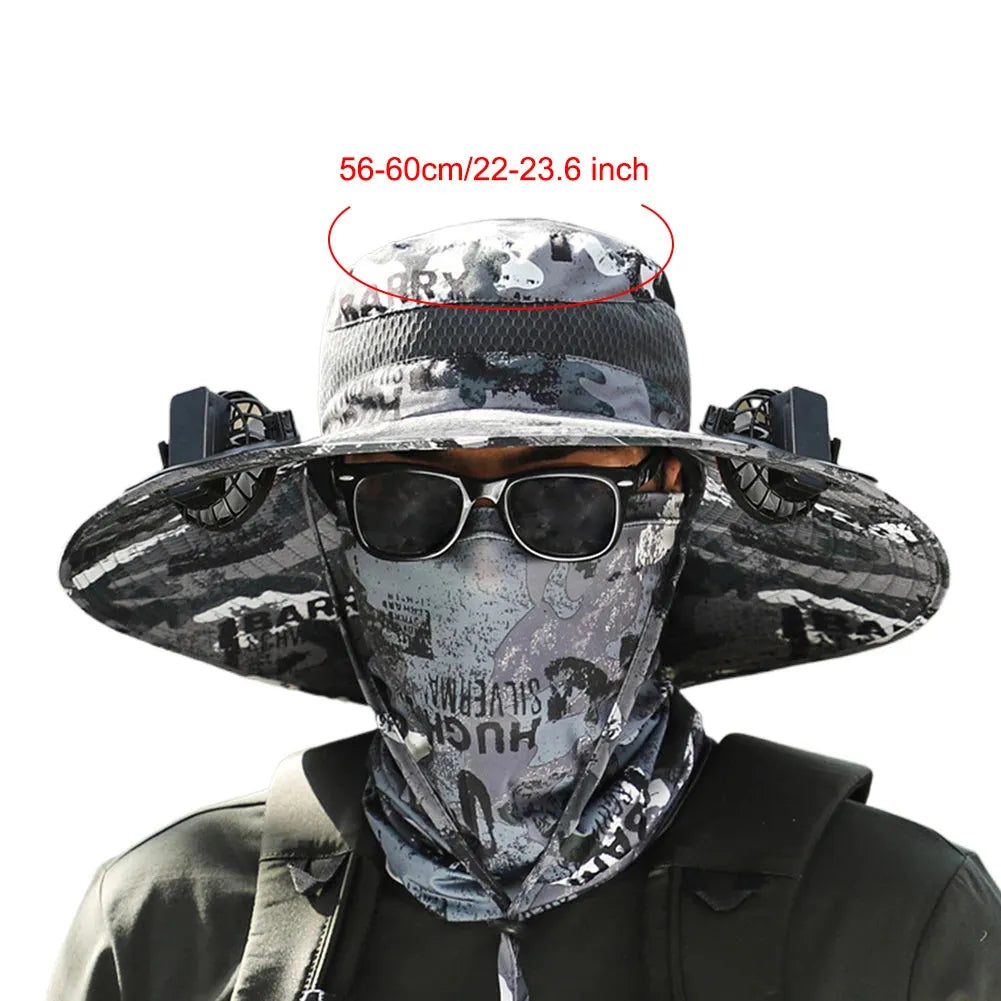 Black dual-fan hat with breathable mesh panels for outdoor comfort