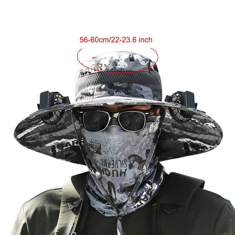 Black dual-fan hat with breathable mesh panels for outdoor comfort