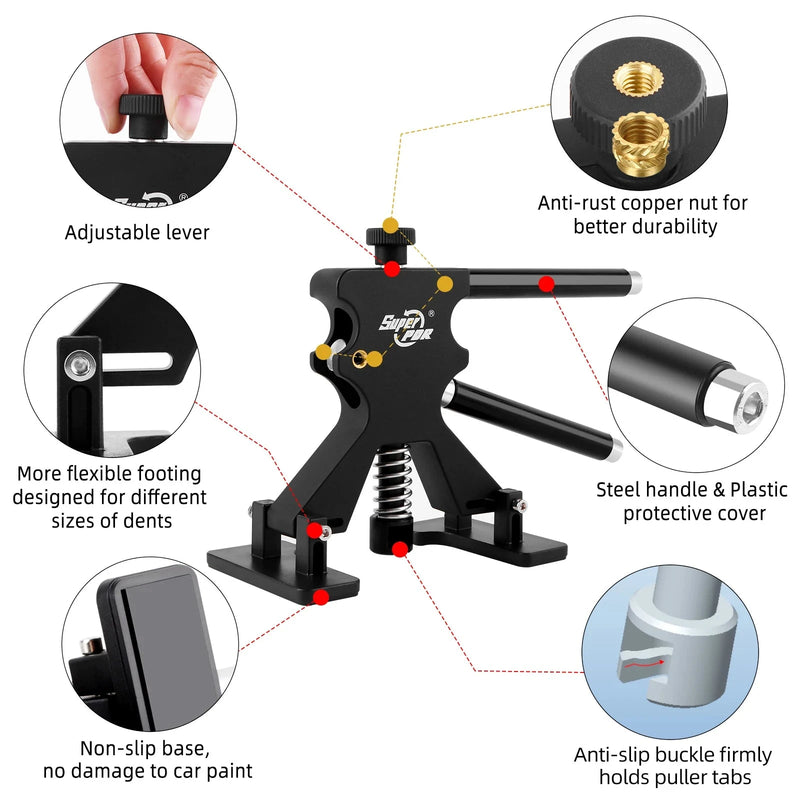Close-up of dent puller tool from Car Dent Repair Kit - DIY Dent Removal | Easy Fix Tool highlighting adjustable lever and anti-slip base.