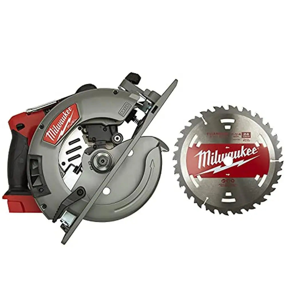 Portable magnesium circular saw shown with accessories and blade key beside it