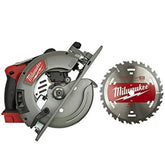 Portable magnesium circular saw shown with accessories and blade key beside it