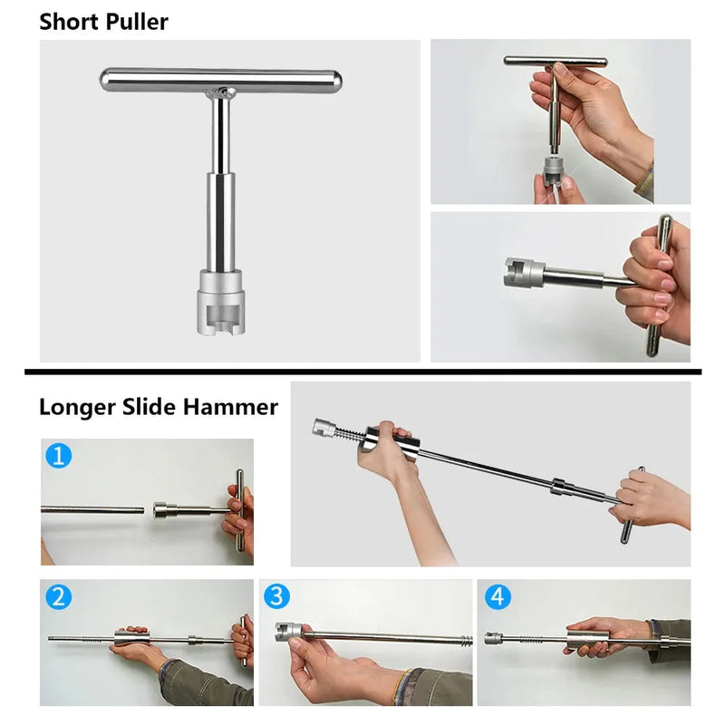 Step-by-step usage of short puller and slide hammer from Car Dent Repair Kit - DIY Dent Removal | Easy Fix Tool for removing car dents.