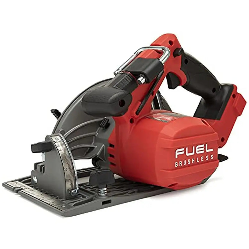 Angled view showing lightweight magnesium shoe for stable, accurate cuts