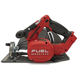 Circular saw resting on its shoe with blade cover slightly retracted for visibility