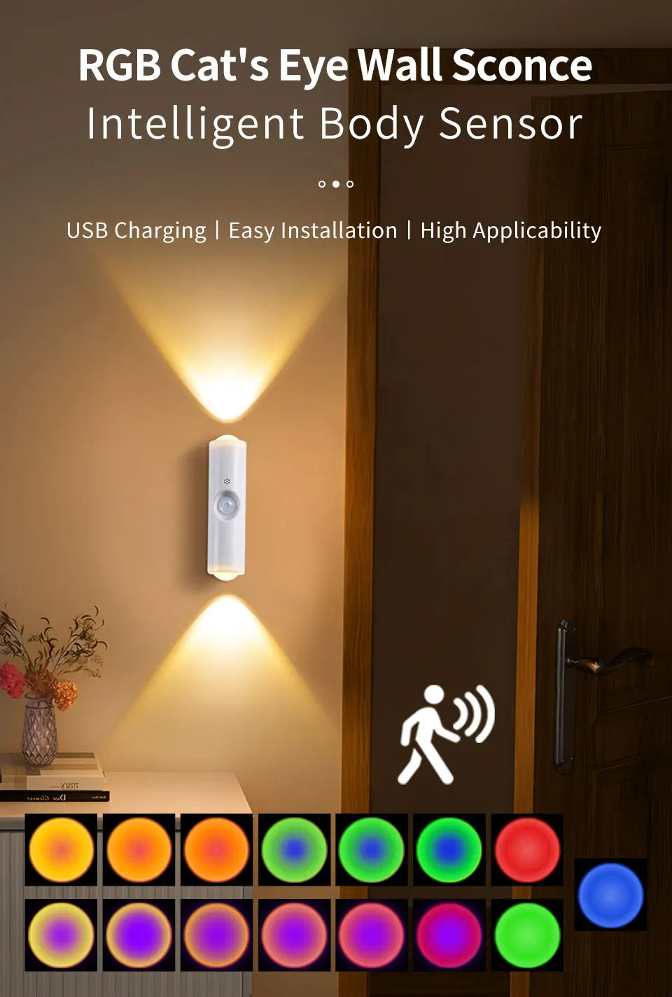 Magnetic Rechargeable Led Night Light RGB Sunset Lamp Wireless Wall Lamp with Motion Sensor for Stair Cabinet Hallway Room Decor