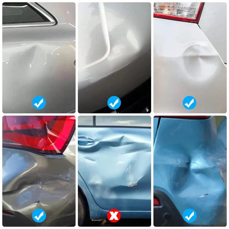Before and after comparison of car dents showing effectiveness of Car Dent Repair Kit - DIY Dent Removal | Easy Fix Tool on minor dents.