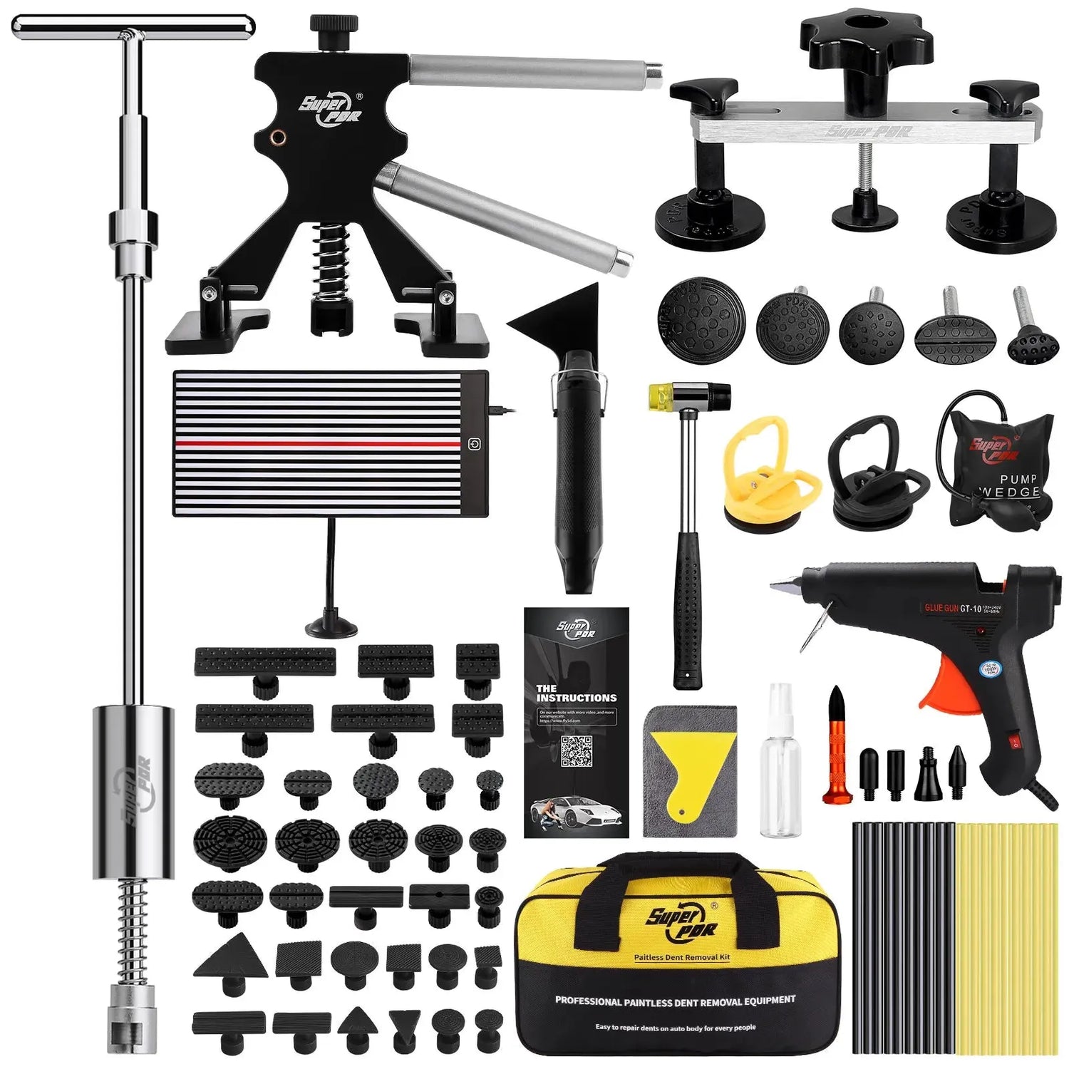Full set of Car Dent Repair Kit - DIY Dent Removal | Easy Fix Tool including slide hammer, glue gun, tabs, and LED board for dent detection.