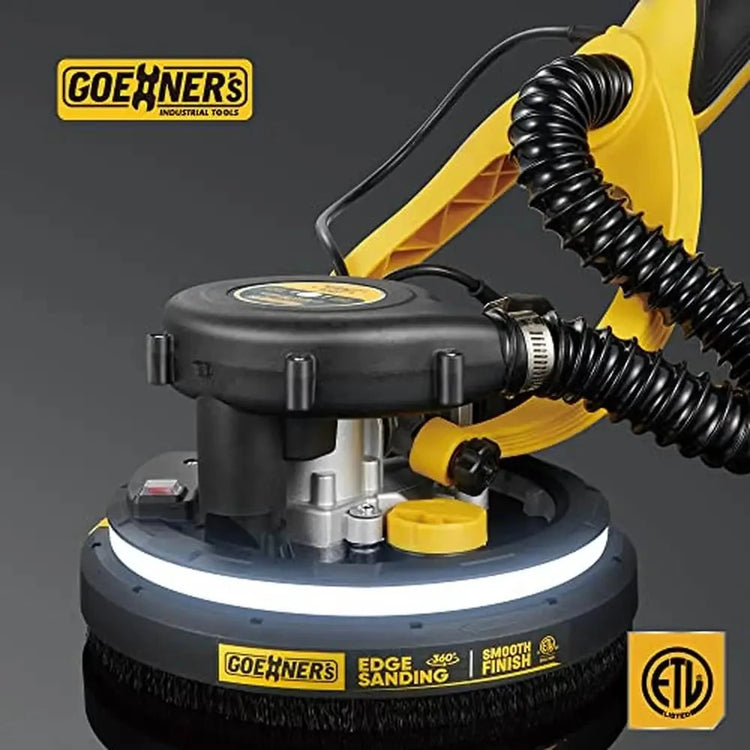 Close-up of Electric Drywall Sander with Vacuum Dust Removal System showing edge sanding capability and smooth finish with LED lighting.