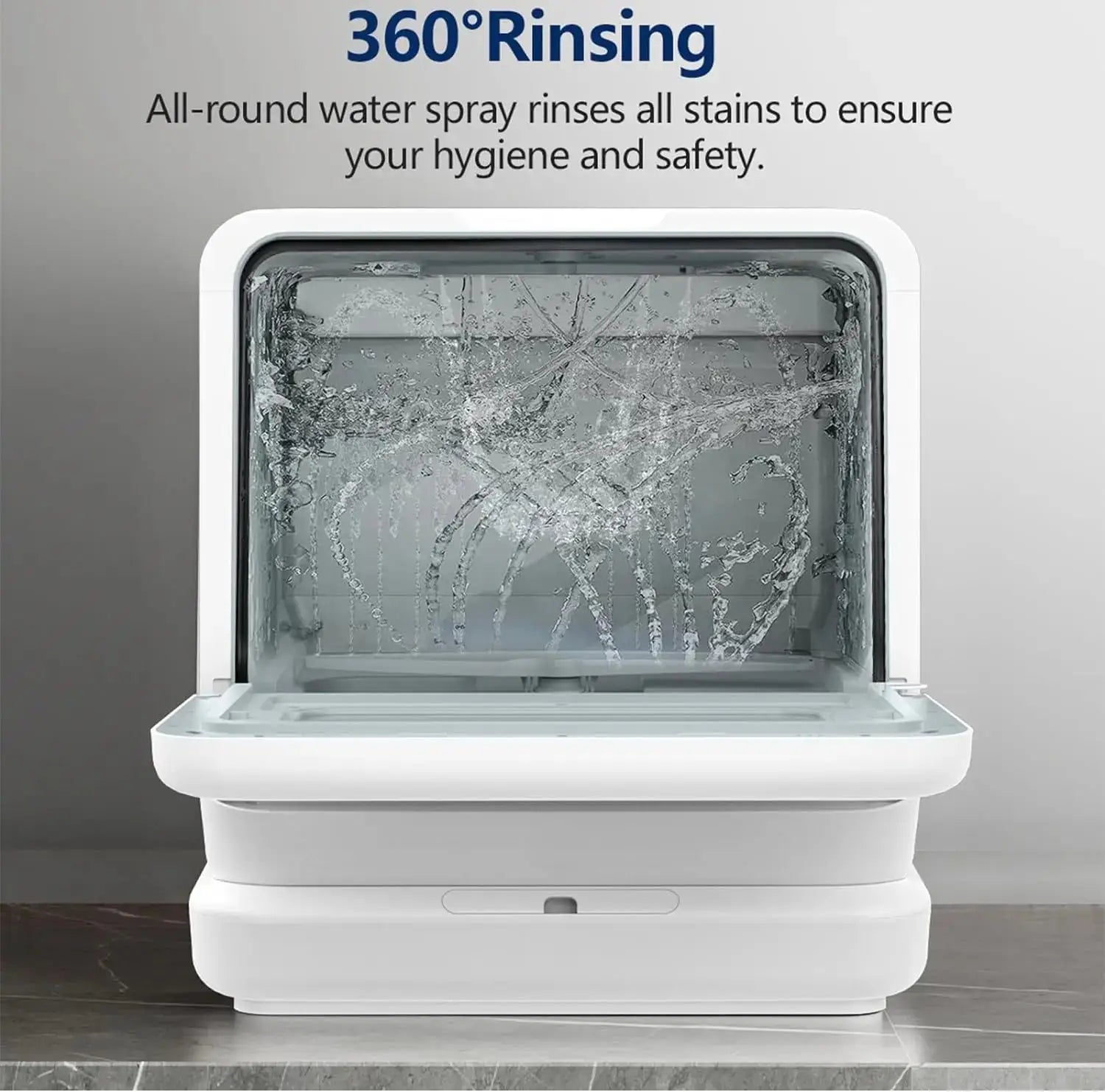 Front-facing image of the dishwasher showing minimal design and tank lid