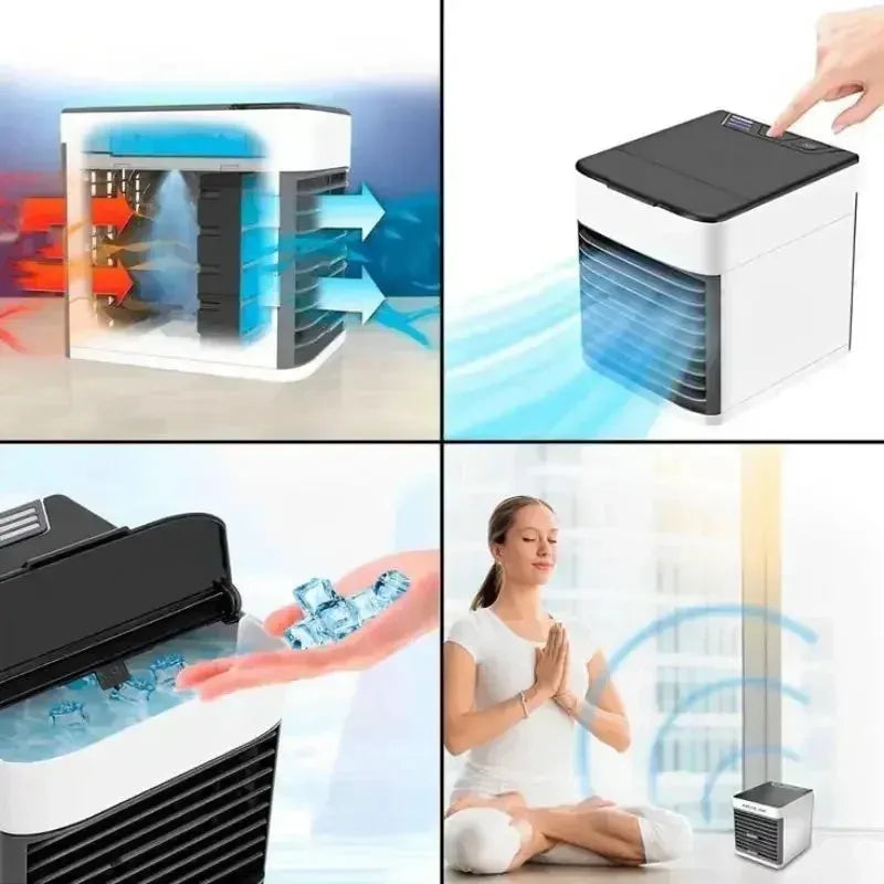 Student using compact air conditioner fan in a small study room