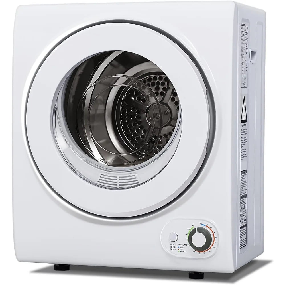 Front load electric dryer on plain white background with door closed
